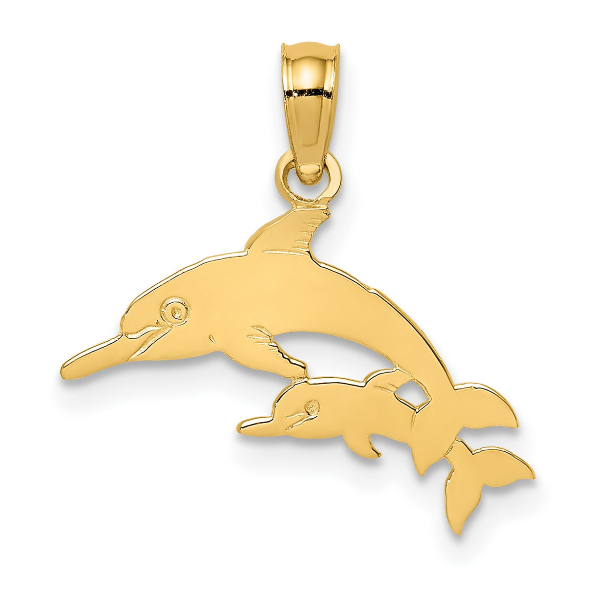 14k Yellow Gold Dolphin Pendant with Mother and Baby Design, Nautical Marine Life Charm