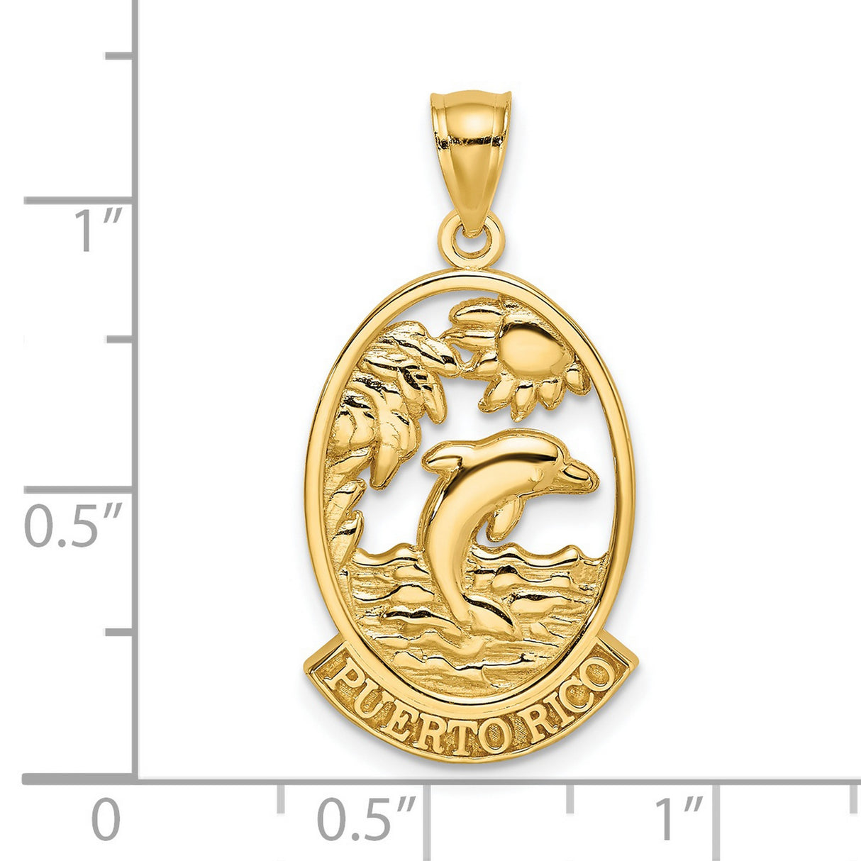 14k Yellow Gold Puerto Rico Pendant with Dolphin, Palm Tree, and Sun, Tropical Island Charm