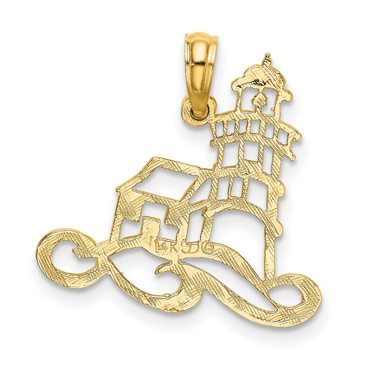 Open Lighthouse And Water Charm Pendant in Real 14k Yellow Gold