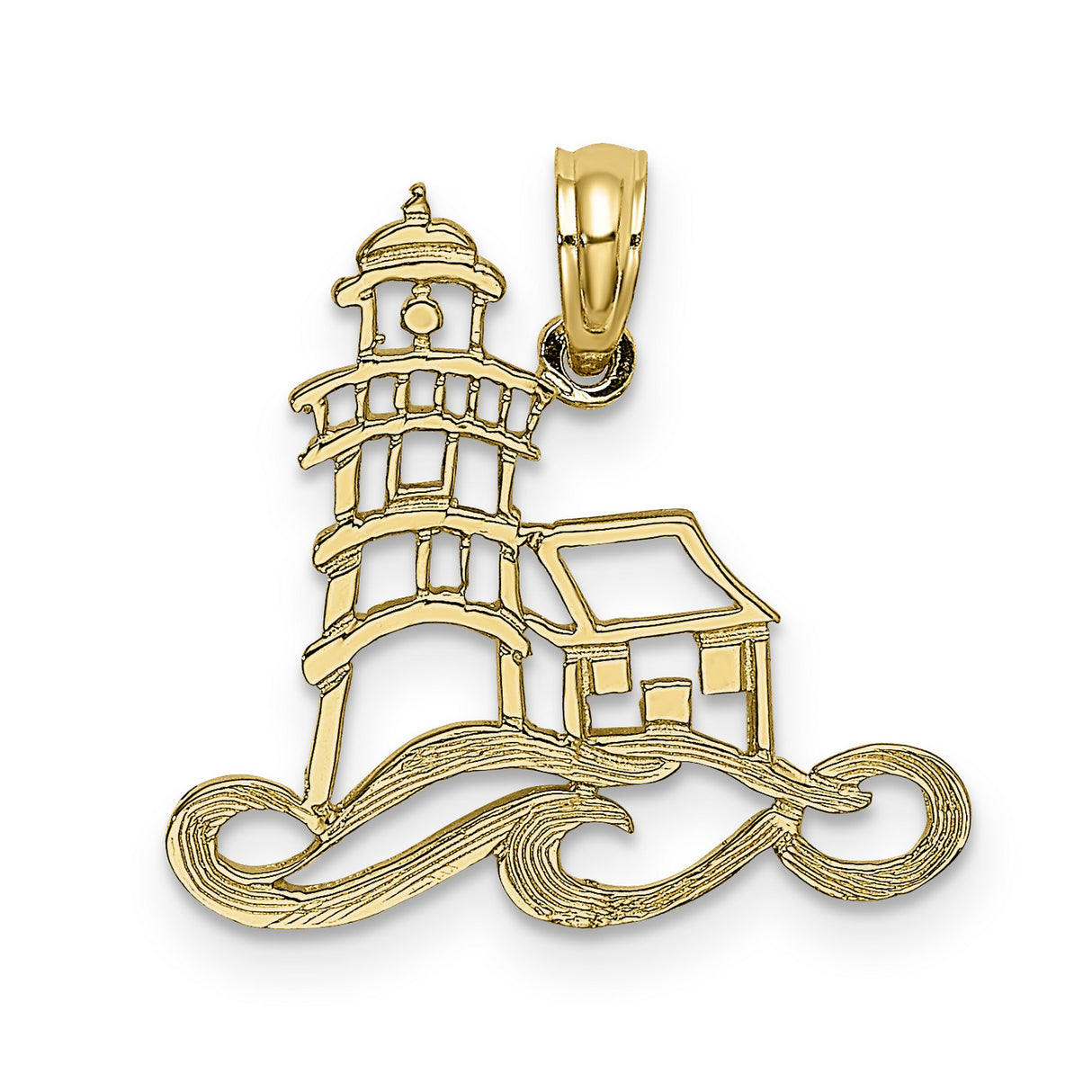 Open Lighthouse And Water Charm Pendant in Real 14k Yellow Gold
