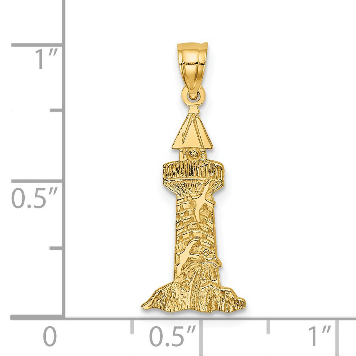 14k Yellow Gold Lighthouse Pendant with Seagull Engraving, Nautical Coastal Jewelry