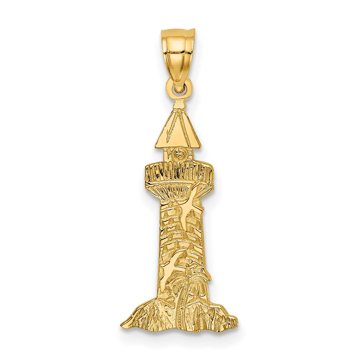 14k Yellow Gold Lighthouse Pendant with Seagull Engraving, Nautical Coastal Jewelry