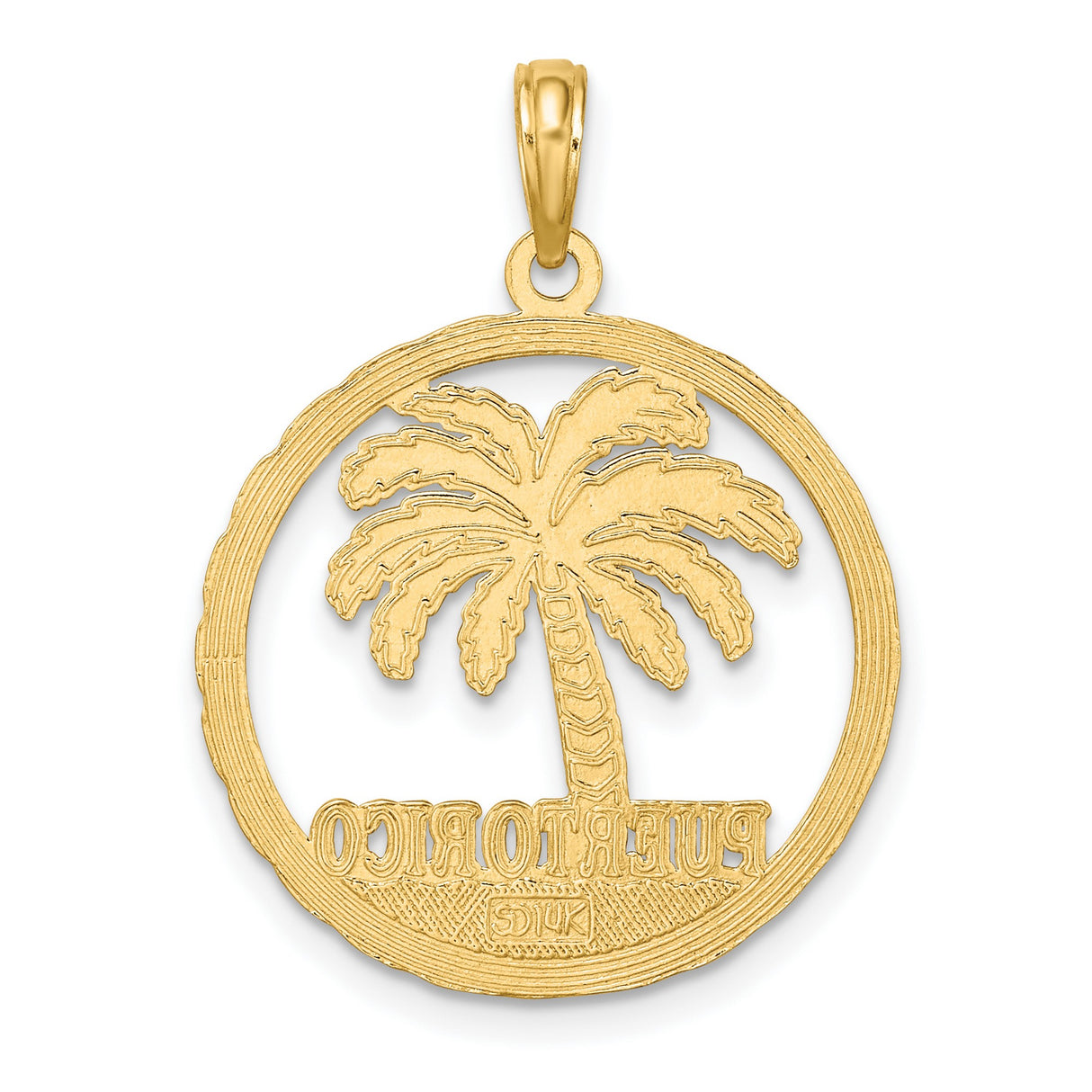 14k Yellow Gold Puerto Rico Palm Pendant with Circular Frame, Caribbean Travel Charm