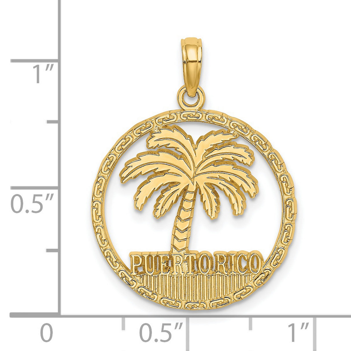 14k Yellow Gold Puerto Rico Palm Pendant with Circular Frame, Caribbean Travel Charm