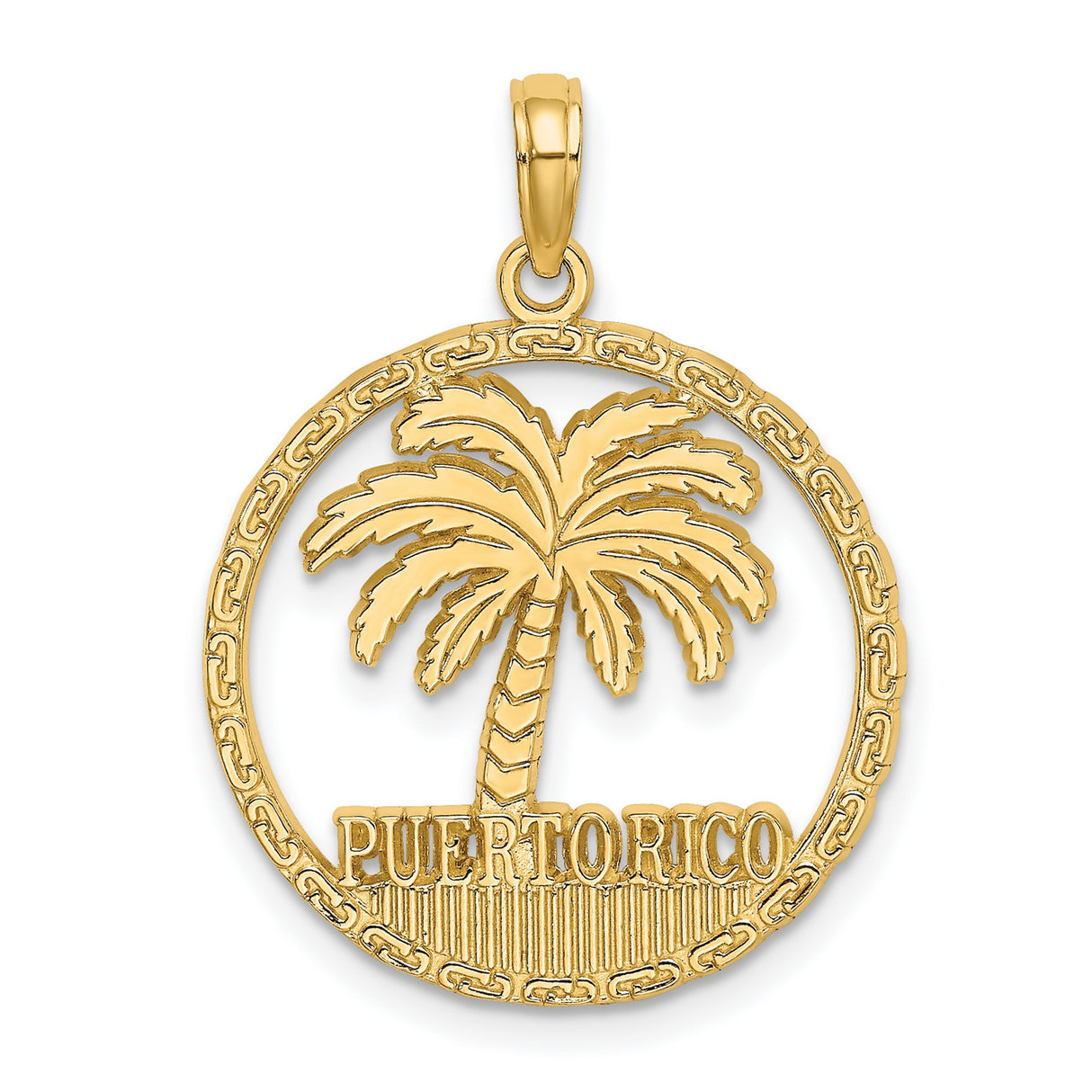 14k Yellow Gold Puerto Rico Palm Pendant with Circular Frame, Caribbean Travel Charm