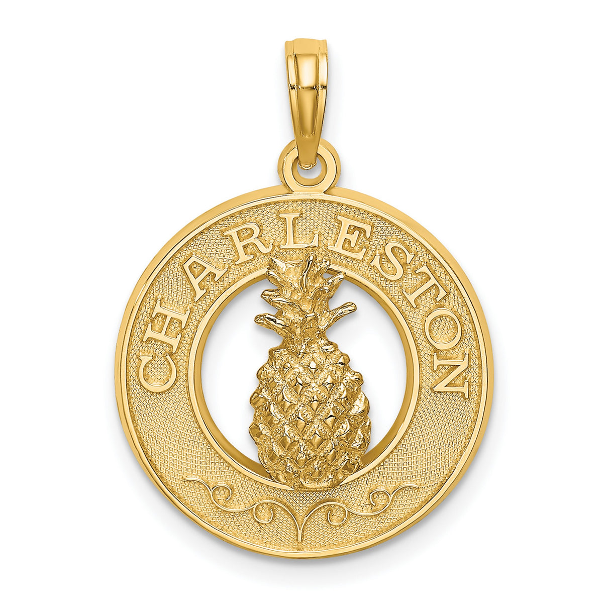 14k Yellow Gold Pineapple Pendant with Textured Circle, Southern Hospitality Travel Charm