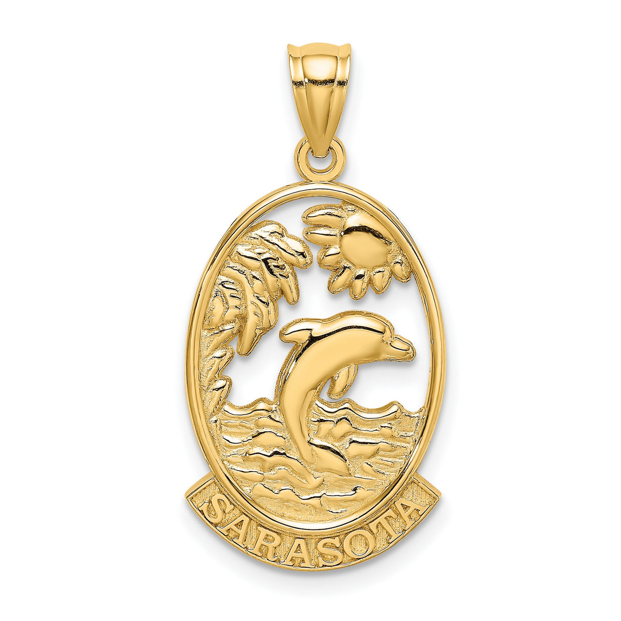 14k Yellow Gold Pendant with Jumping Dolphin, Palm Tree and Sun, Tropical Beach Scene Charm