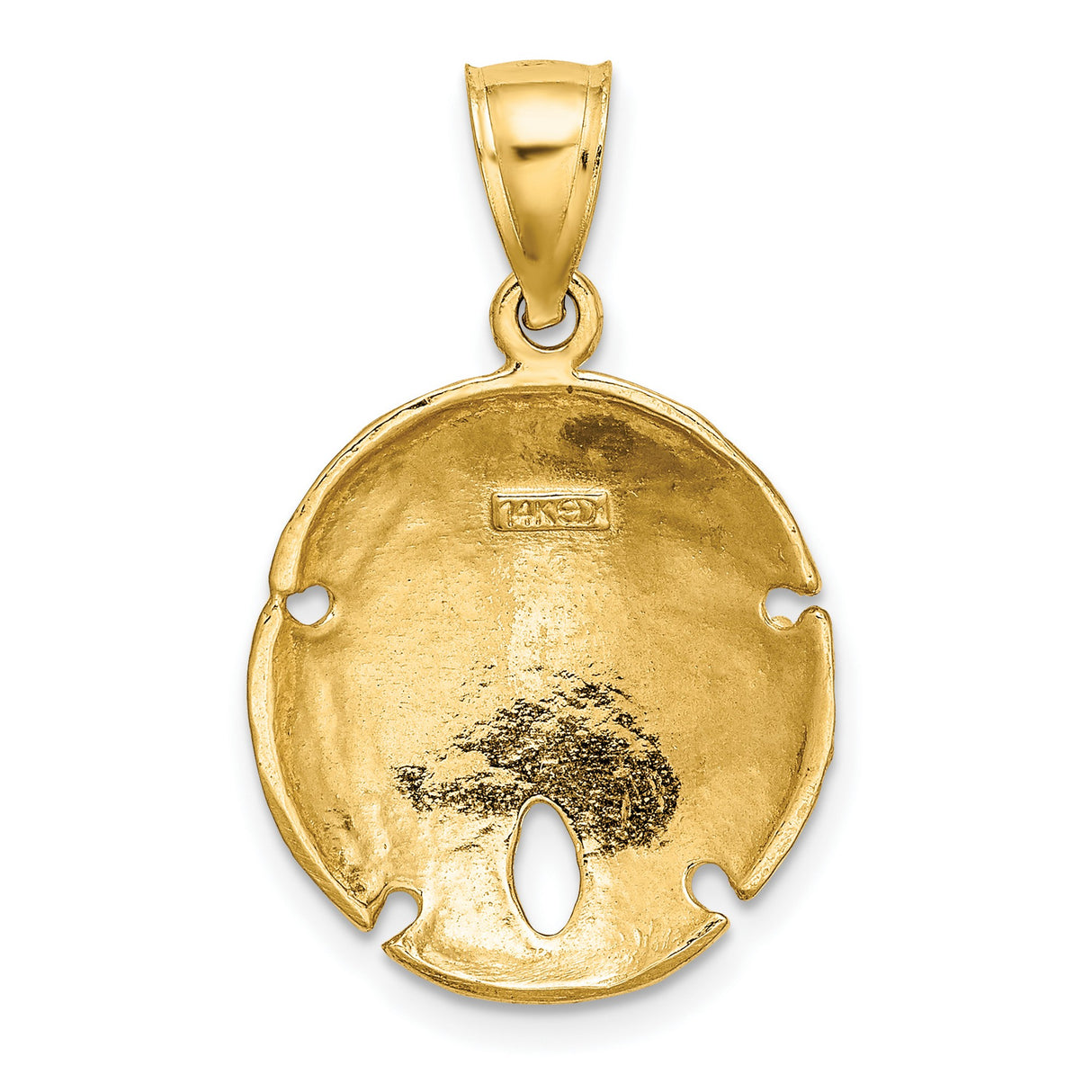 14k Yellow Gold Sand Dollar Pendant with Textured Floral Design, Ocean Inspired Charm
