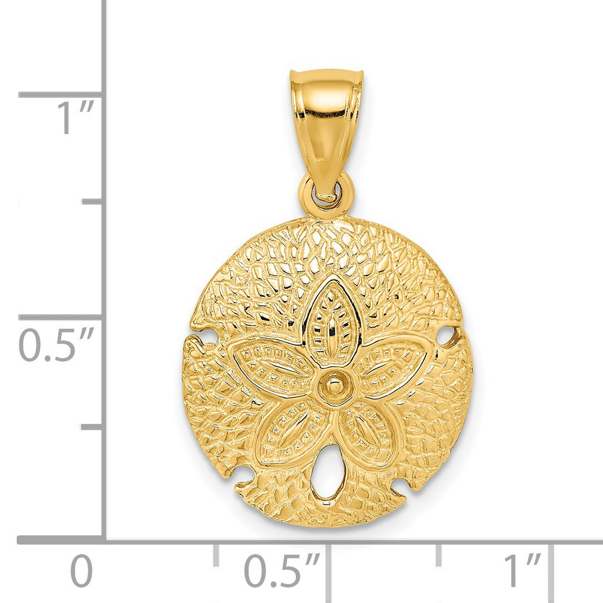 14k Yellow Gold Sand Dollar Pendant with Textured Floral Design, Ocean Inspired Charm
