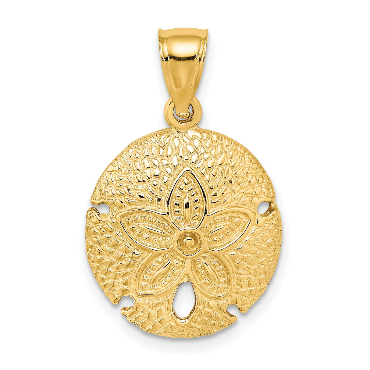 14k Yellow Gold Sand Dollar Pendant with Textured Floral Design, Ocean Inspired Charm