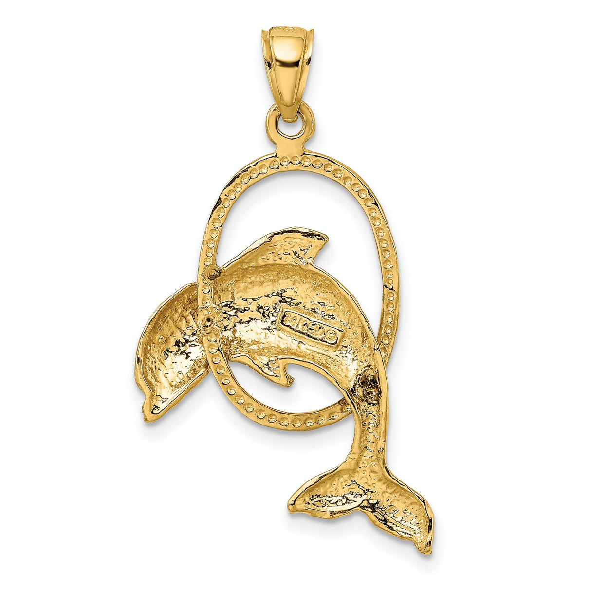 14k Yellow Gold Dolphin Oval Pendant with Jumping Dolphin Design, Marine Themed Charm
