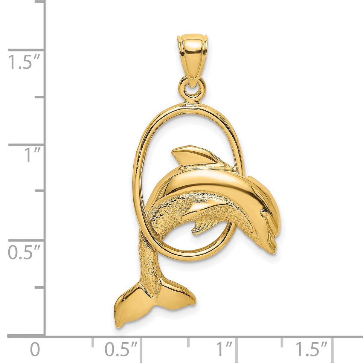 14k Yellow Gold Dolphin Oval Pendant with Jumping Dolphin Design, Marine Themed Charm