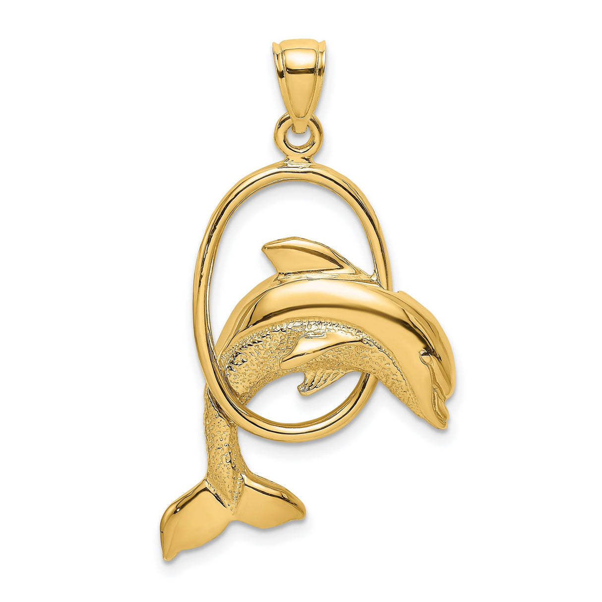 14k Yellow Gold Dolphin Oval Pendant with Jumping Dolphin Design, Marine Themed Charm