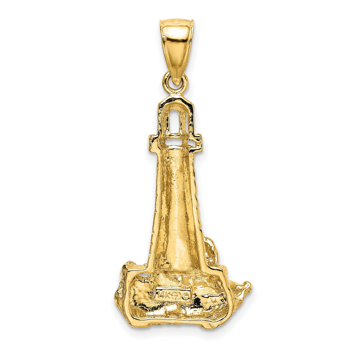 14k Yellow Gold Lighthouse Pendant with Rocky Waves, Nautical Maritime Design