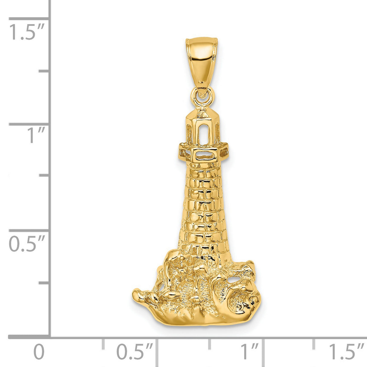 14k Yellow Gold Lighthouse Pendant with Rocky Waves, Nautical Maritime Design