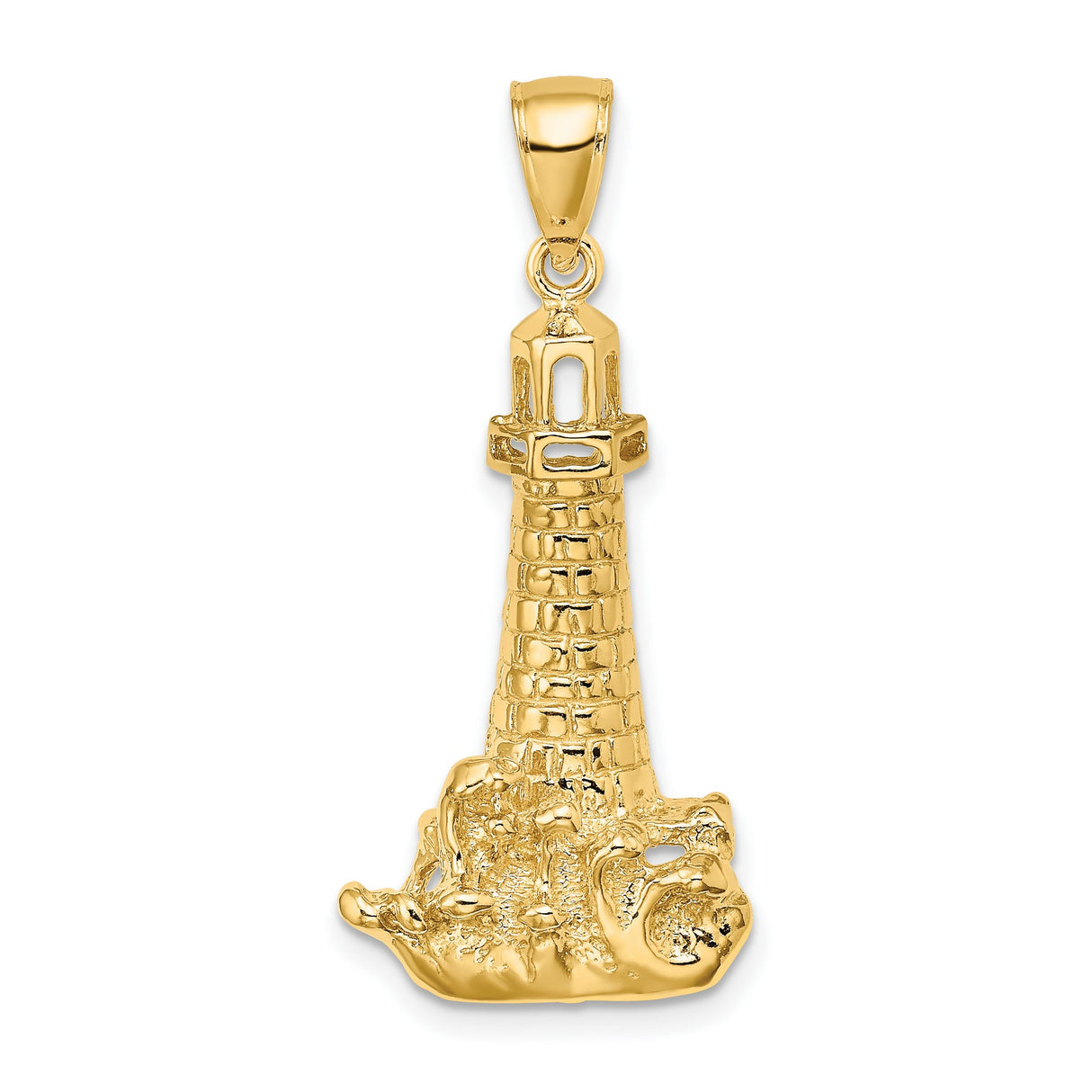 14k Yellow Gold Lighthouse Pendant with Rocky Waves, Nautical Maritime Design