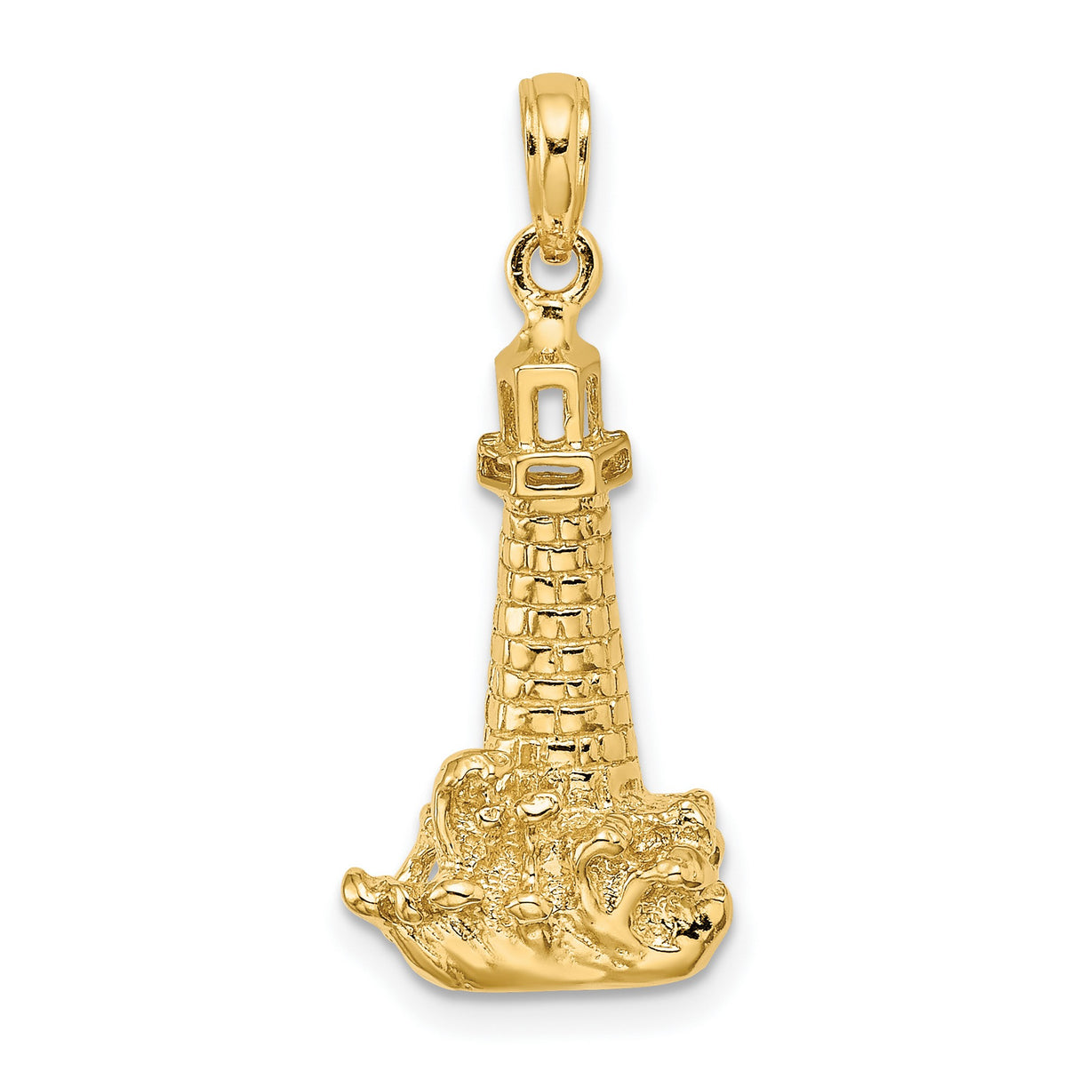 14k Yellow Gold Lighthouse Pendant with Ocean Wave Detailing, Nautical Style