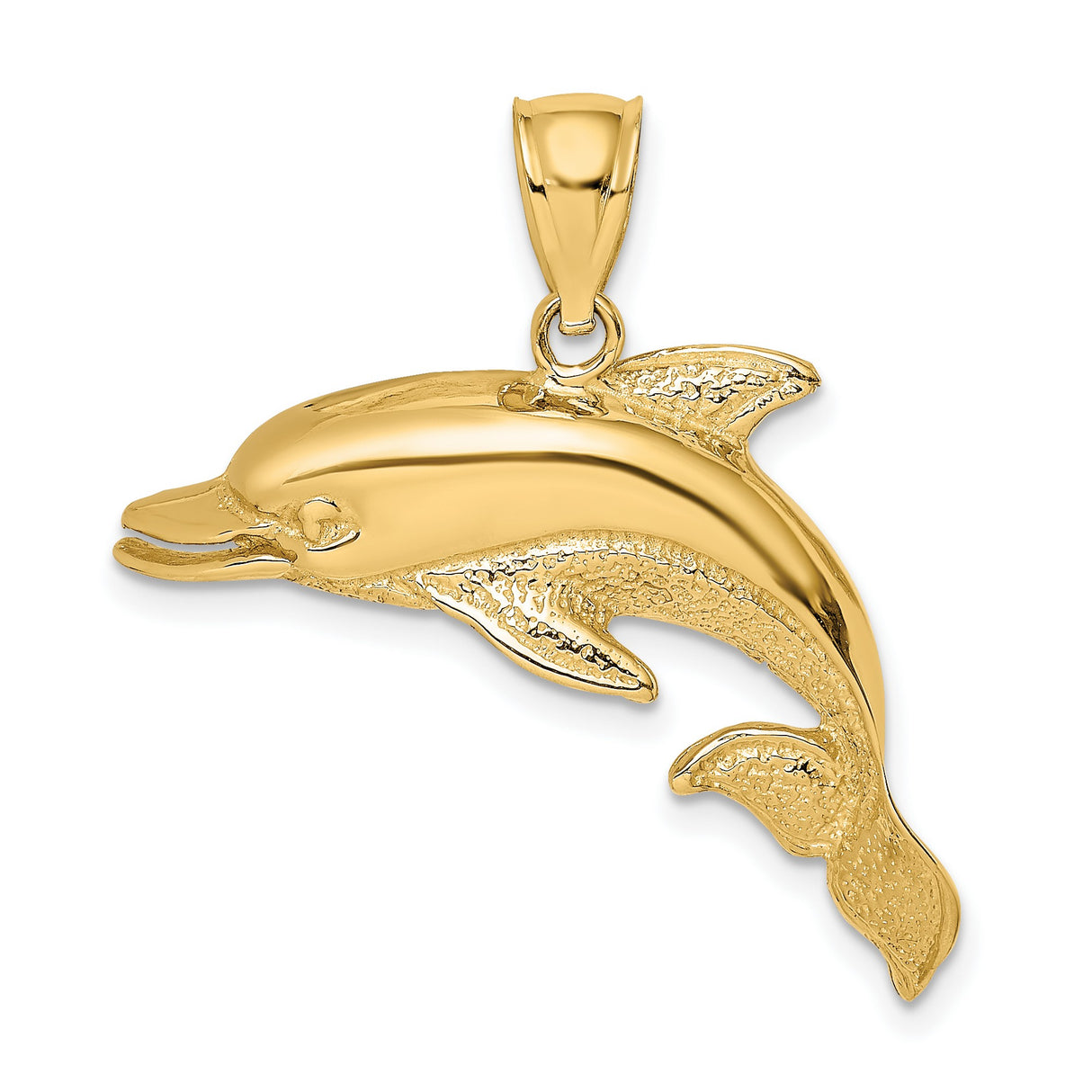 14k Yellow Gold Dolphin Pendant, Polished Textured Marine Animal Charm for Women or Unisex Wear