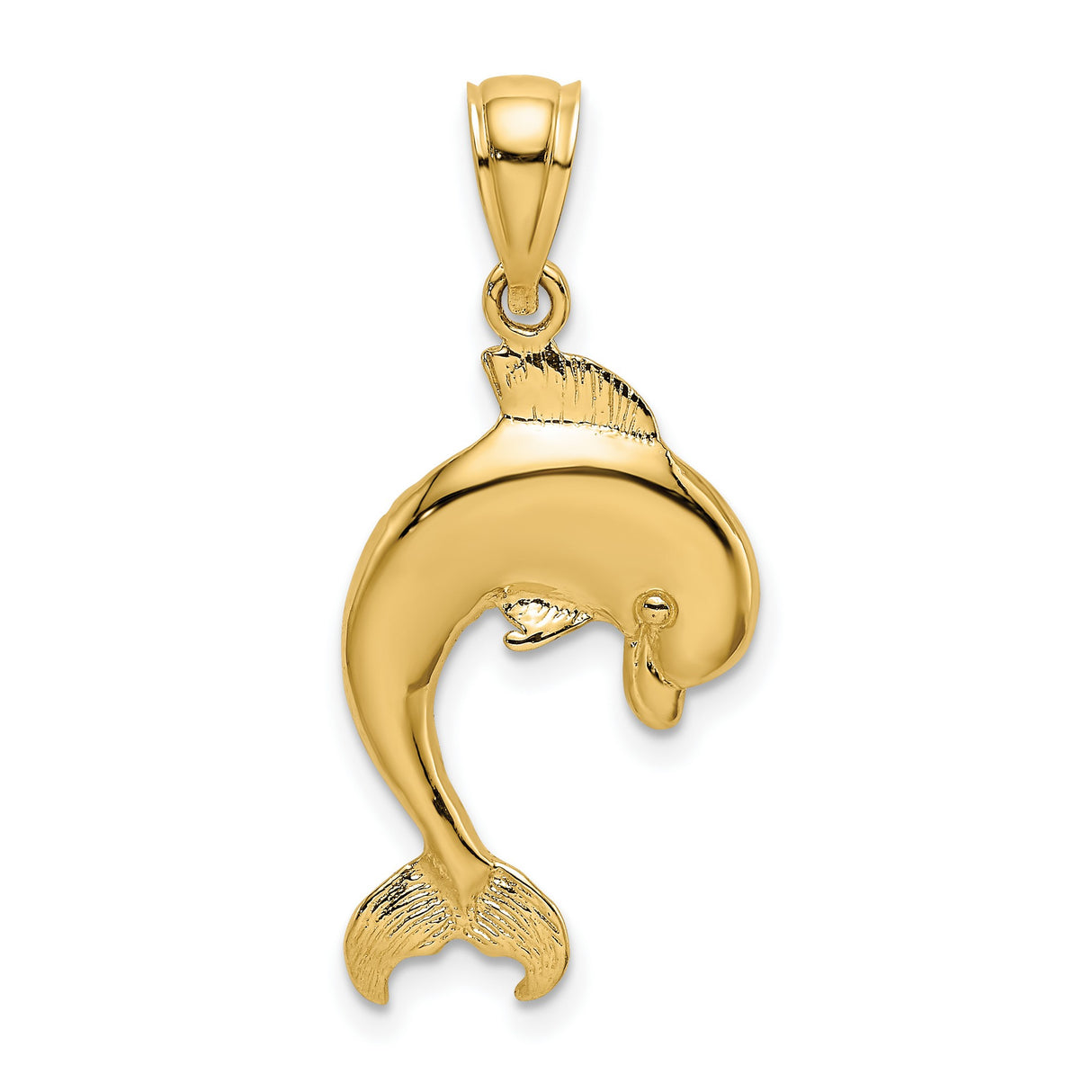 14k Yellow Gold Dolphin Pendant, Polished Jumping Dolphin Ocean-Themed Charm for Women
