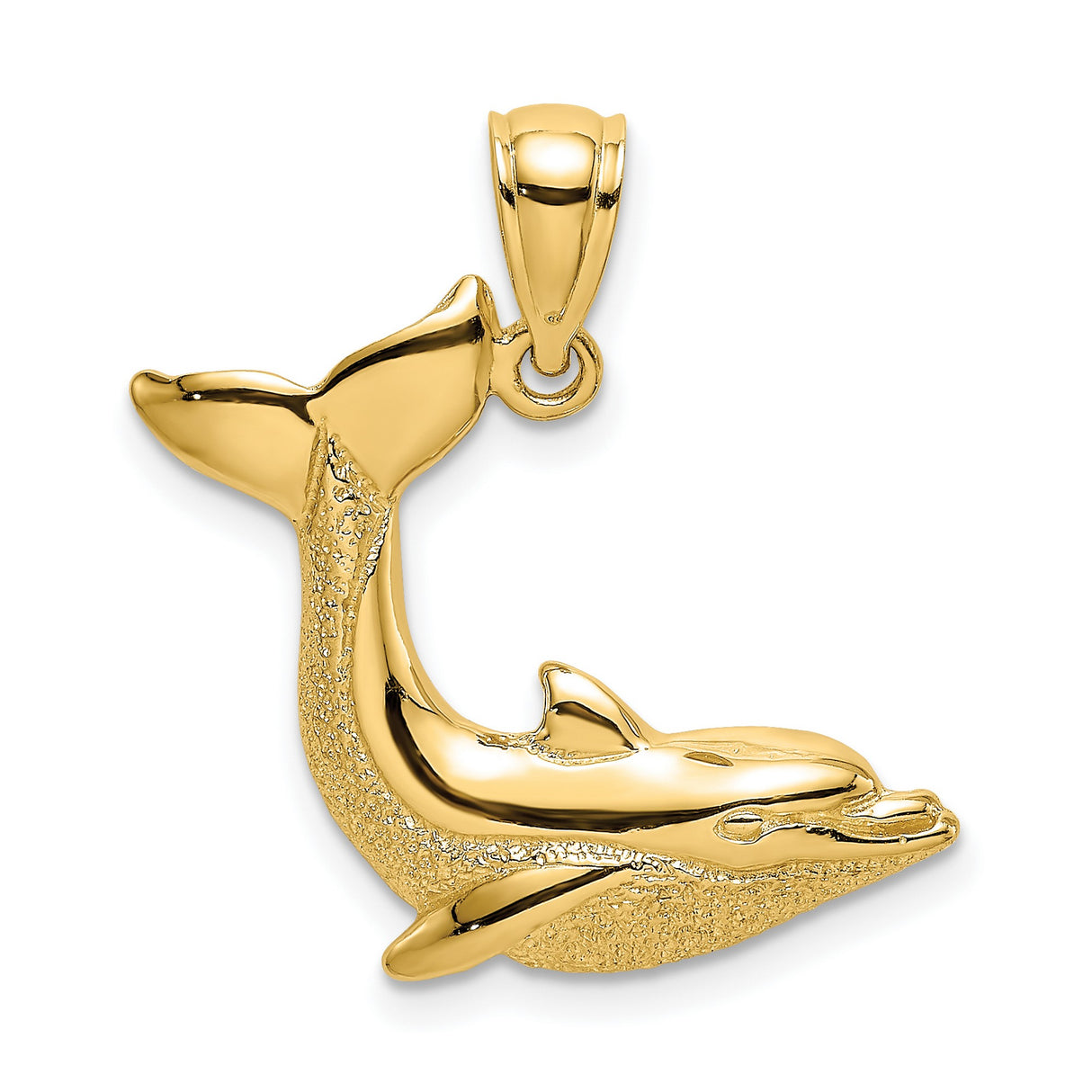 14k Yellow Gold Dolphin Pendant with Curved Design, Nautical Ocean Animal Charm for Women and Unisex Wear