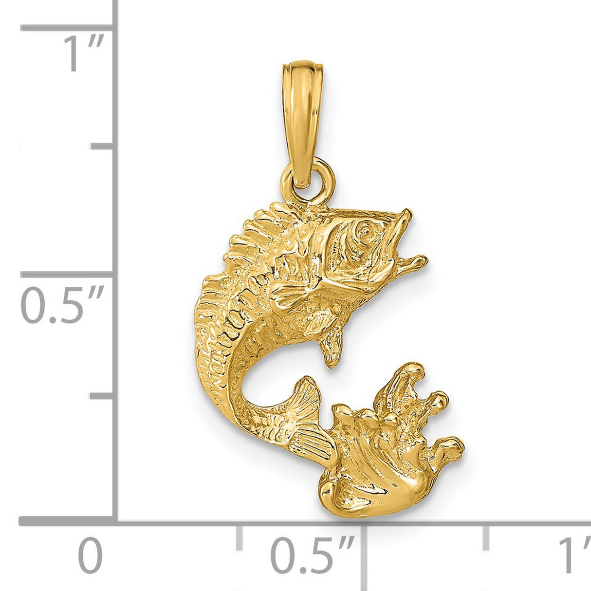 14k Yellow Gold Leaping Bass Fish Pendant with Lure Detail, Nature Jewelry for Anglers