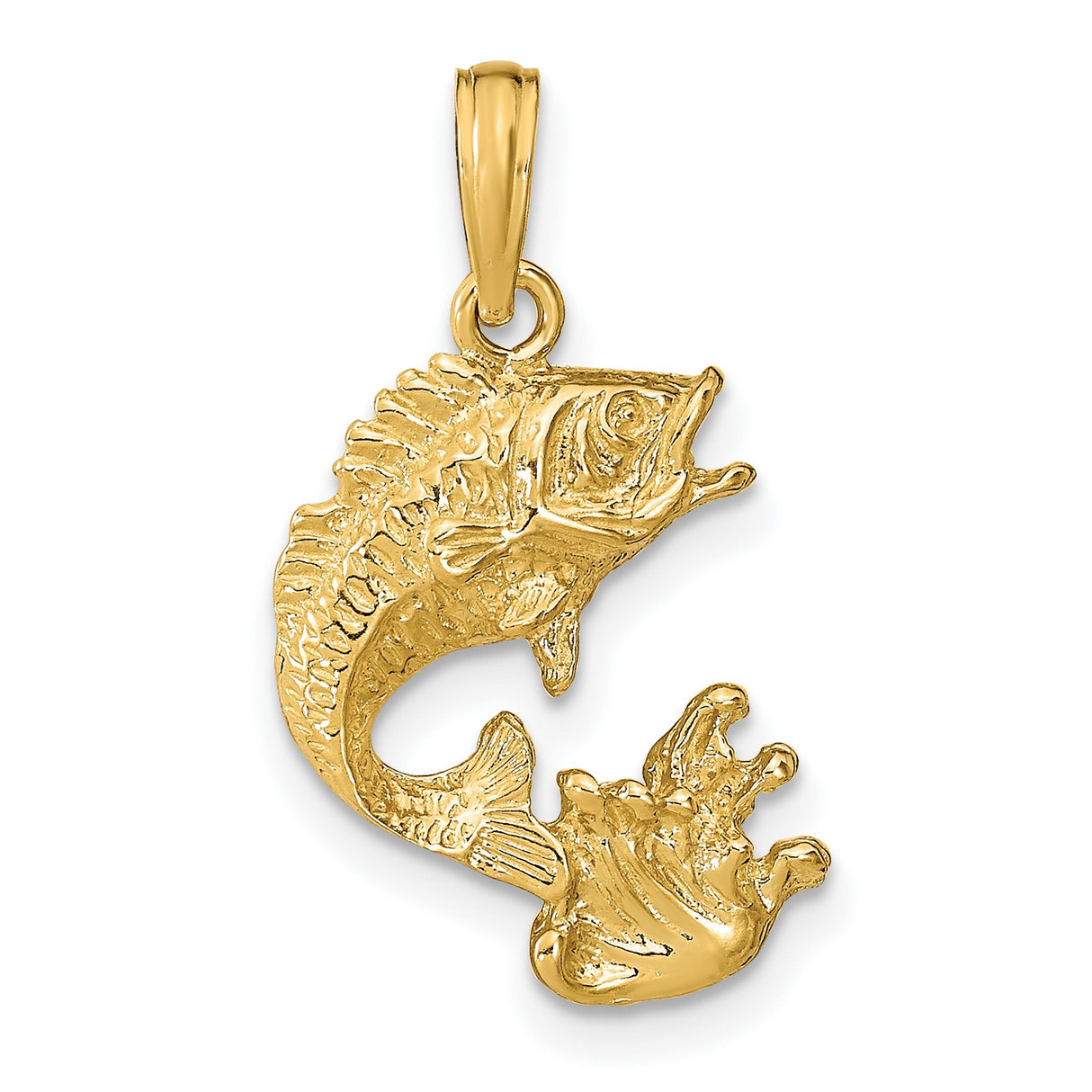 14k Yellow Gold Leaping Bass Fish Pendant with Lure Detail, Nature Jewelry for Anglers