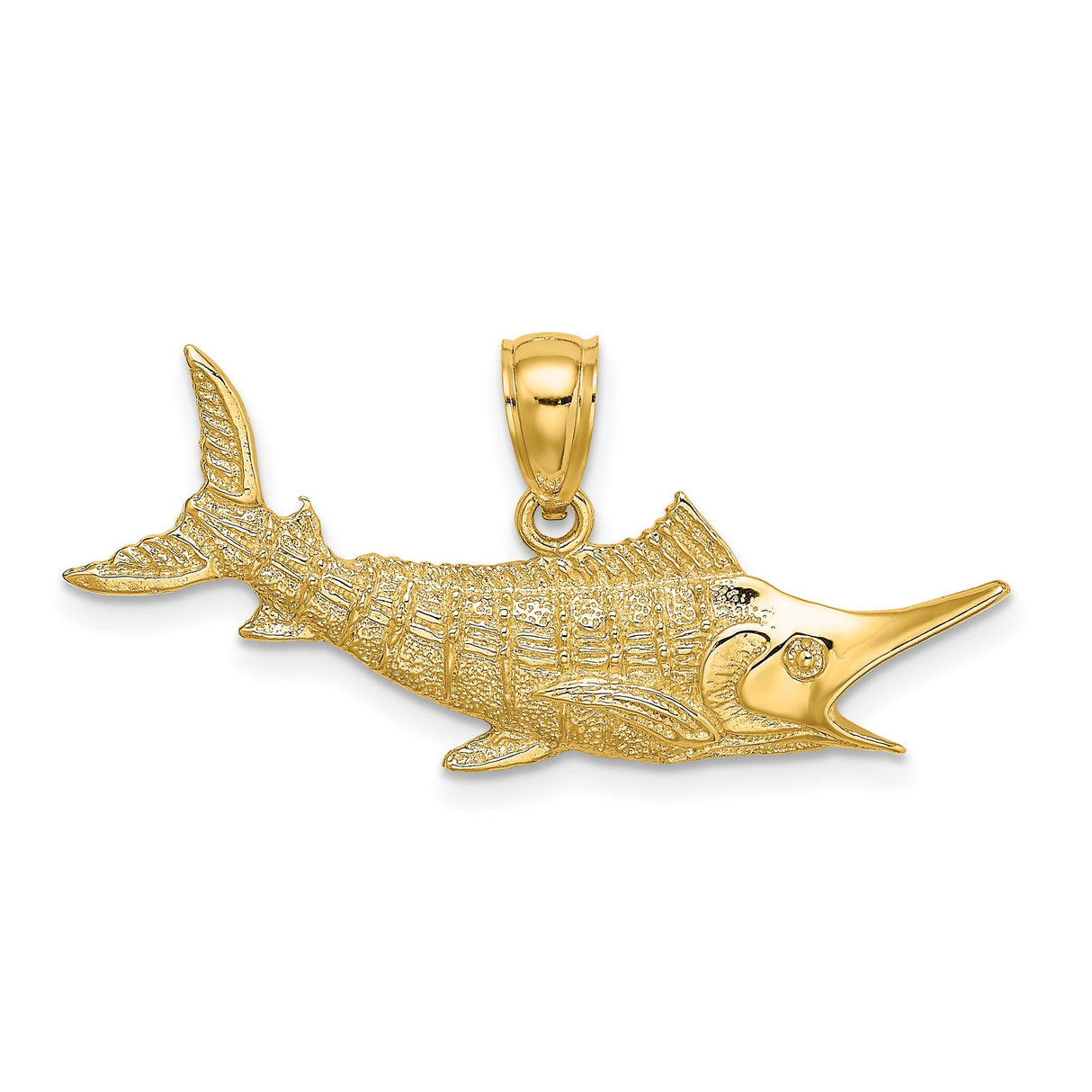 14k Yellow Gold Marlin Pendant, Textured Nautical Fish Charm, Ocean Theme Jewelry for Sea Lovers