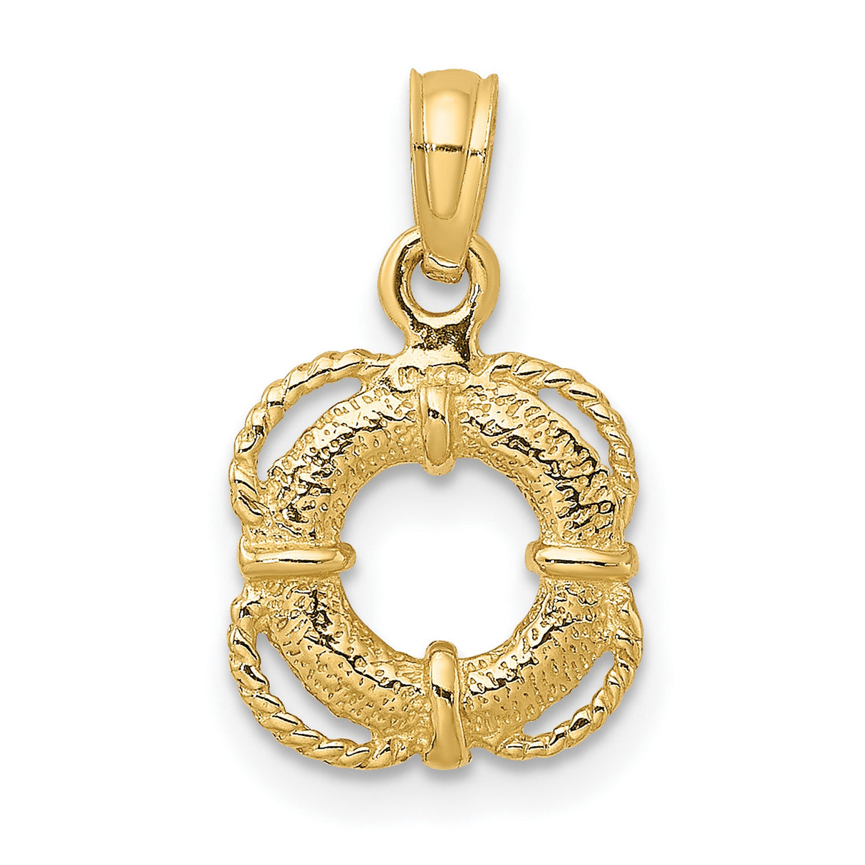 14k Yellow Gold Lifebuoy Pendant Charm with Textured Rope Detail, Nautical Style
