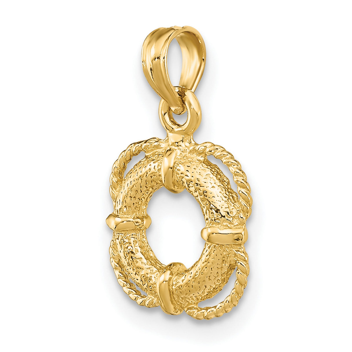 14k Yellow Gold Lifebuoy Pendant Charm with Textured Rope Detail, Nautical Style