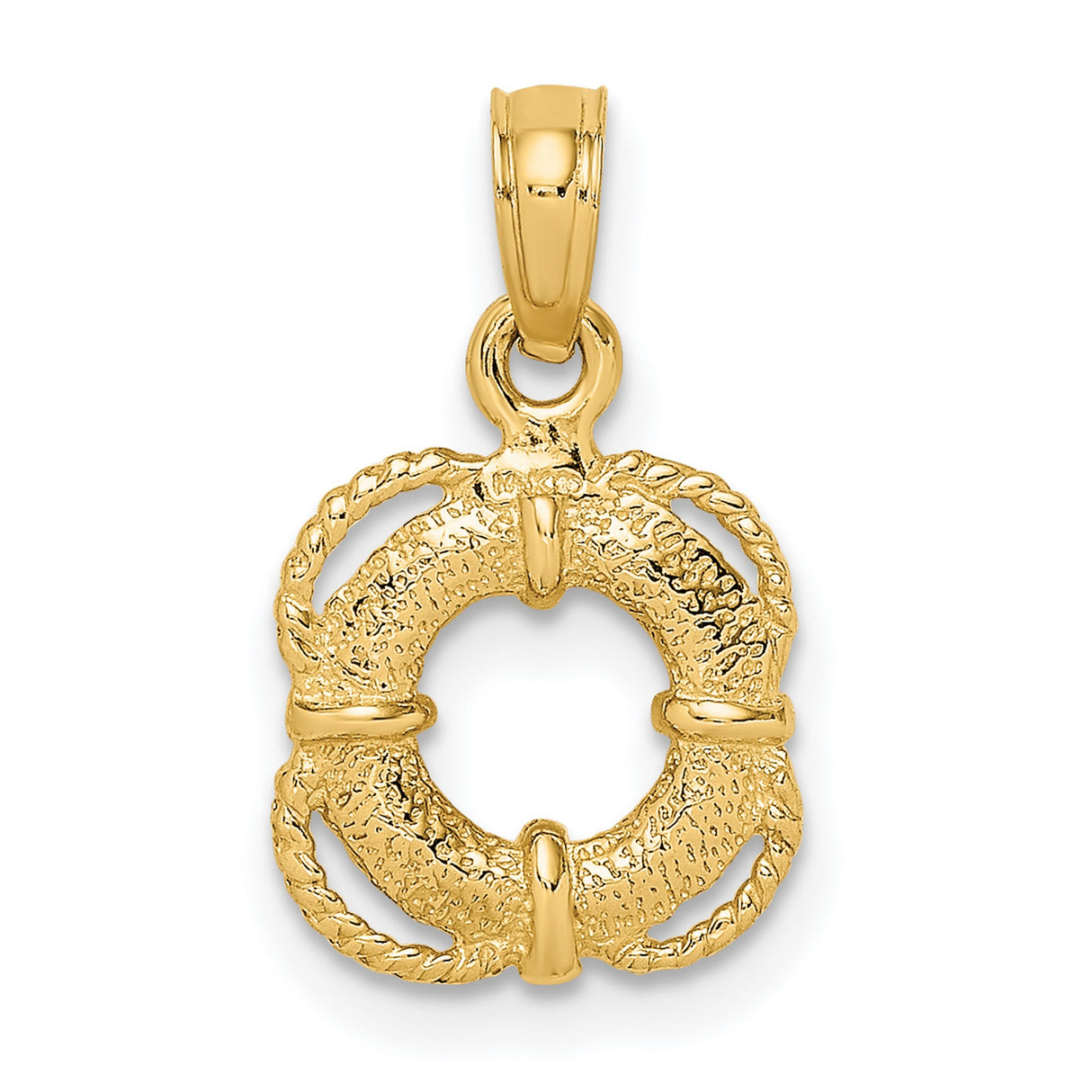 14k Yellow Gold Lifebuoy Pendant Charm with Textured Rope Detail, Nautical Style