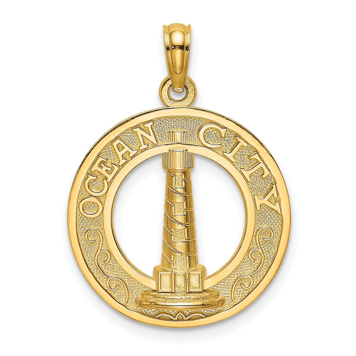 14k Yellow Gold Pendant with Raised Lighthouse Design, Ocean City Nautical Charm