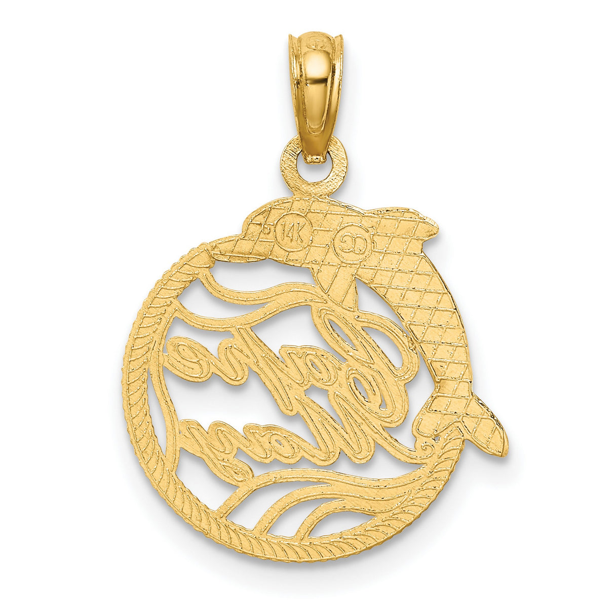 14k Yellow Gold Dolphin Pendant with Rope Border, Nautical Ocean Life Charm