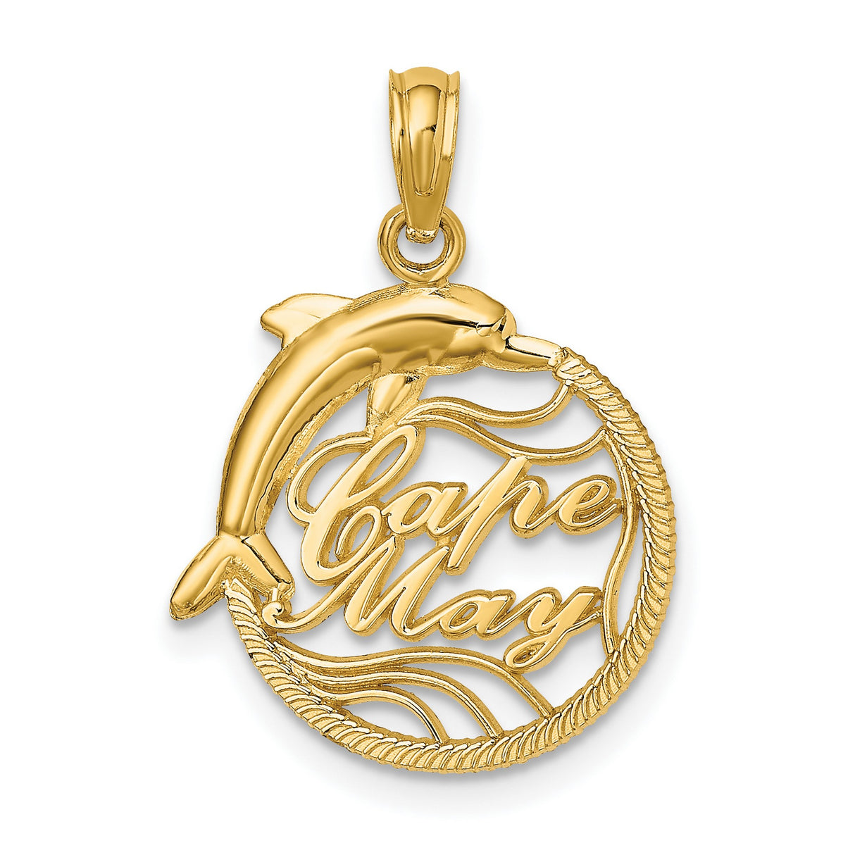 14k Yellow Gold Dolphin Pendant with Rope Border, Nautical Ocean Life Charm