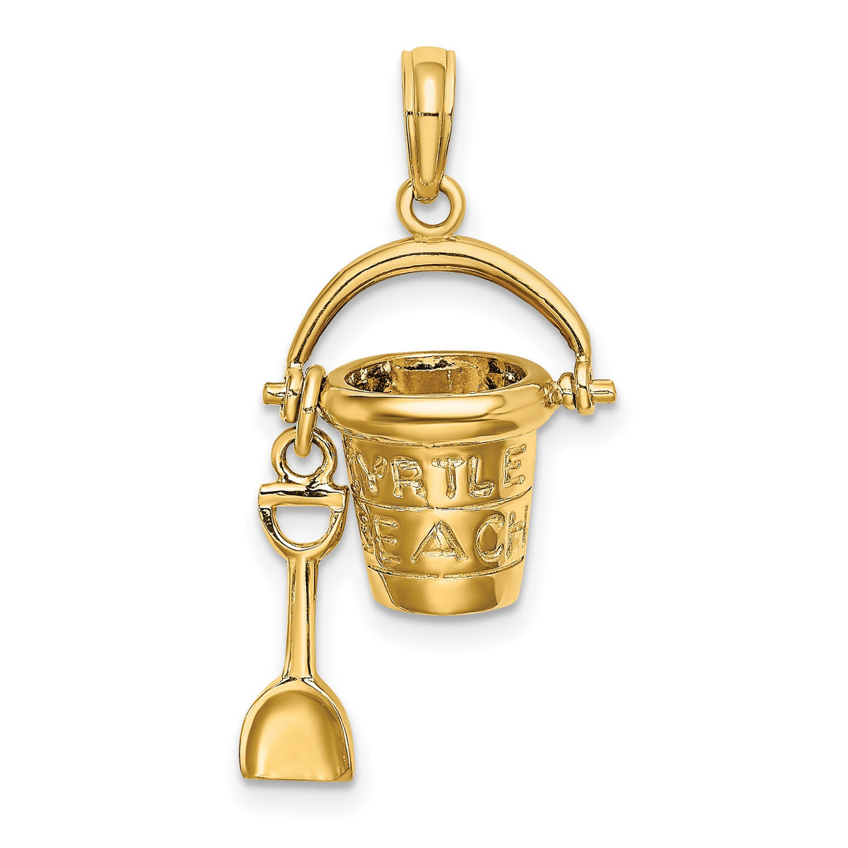 14k Yellow Gold Pendant with Myrtle Beach Sand Bucket and Shovel, Ocean Vacation Charm