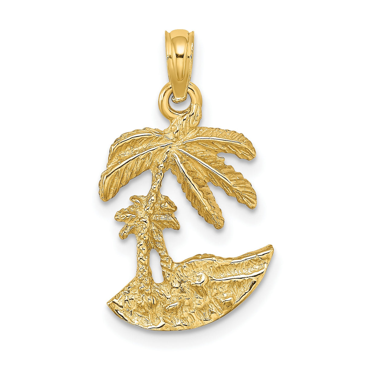 14k Yellow Gold Palm Tree Pendant with Textured Island Design, Tropical Beach Charm