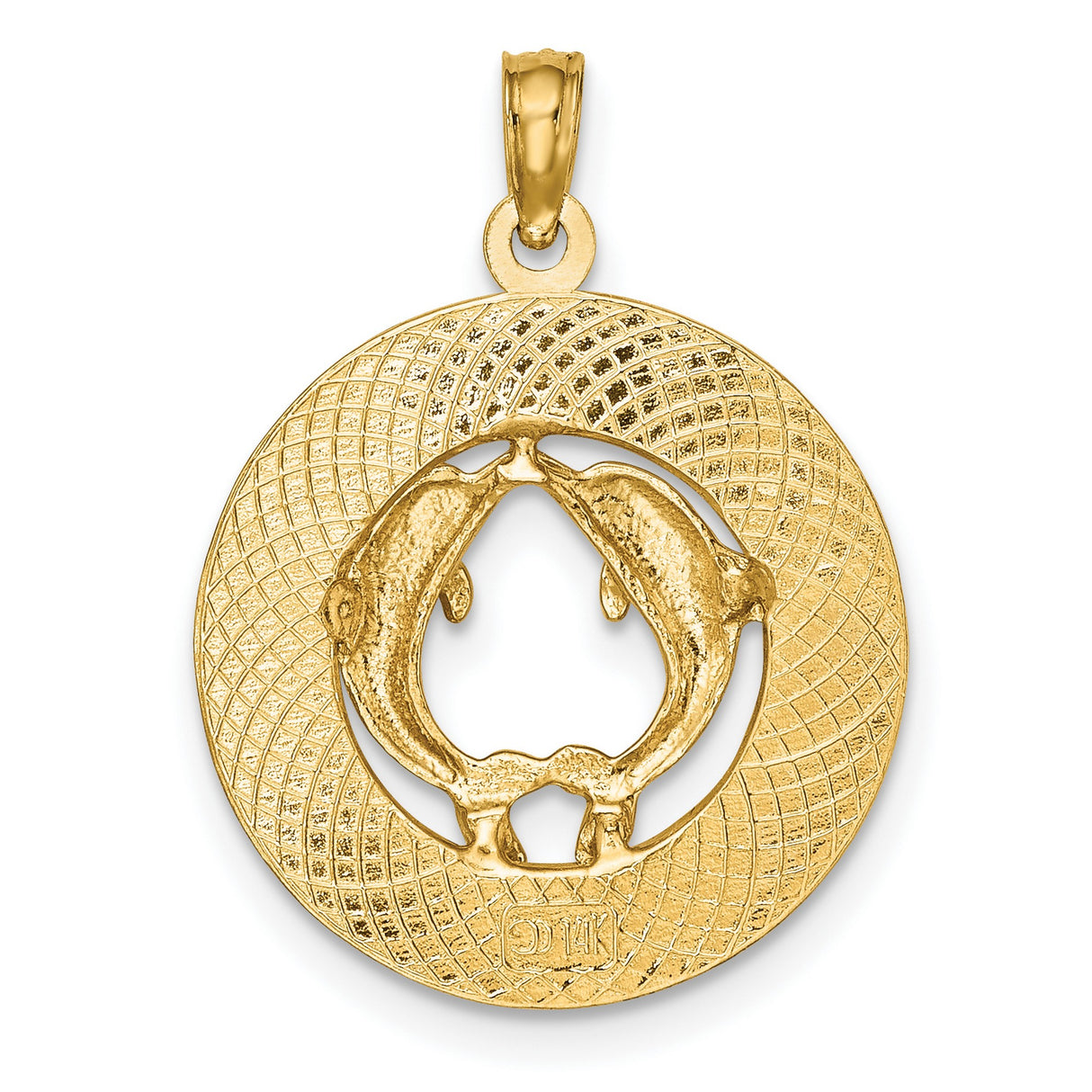 14k Yellow Gold Dolphin Heart Pendant with Ocean City Text, Nautical Marine Life Charm