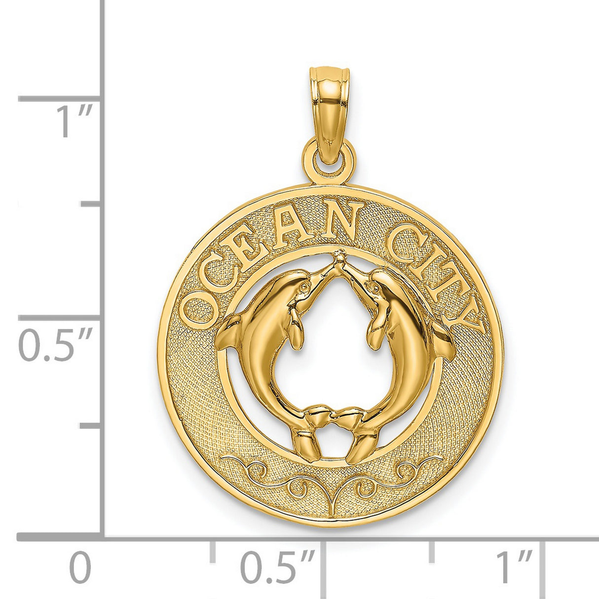 14k Yellow Gold Dolphin Heart Pendant with Ocean City Text, Nautical Marine Life Charm