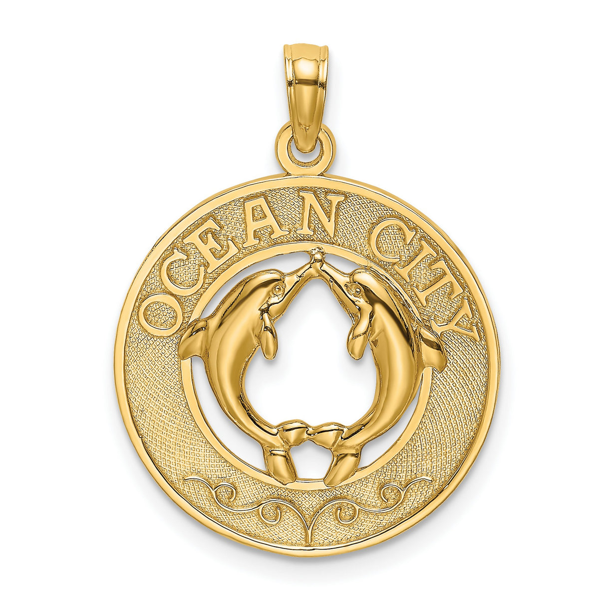 14k Yellow Gold Dolphin Heart Pendant with Ocean City Text, Nautical Marine Life Charm