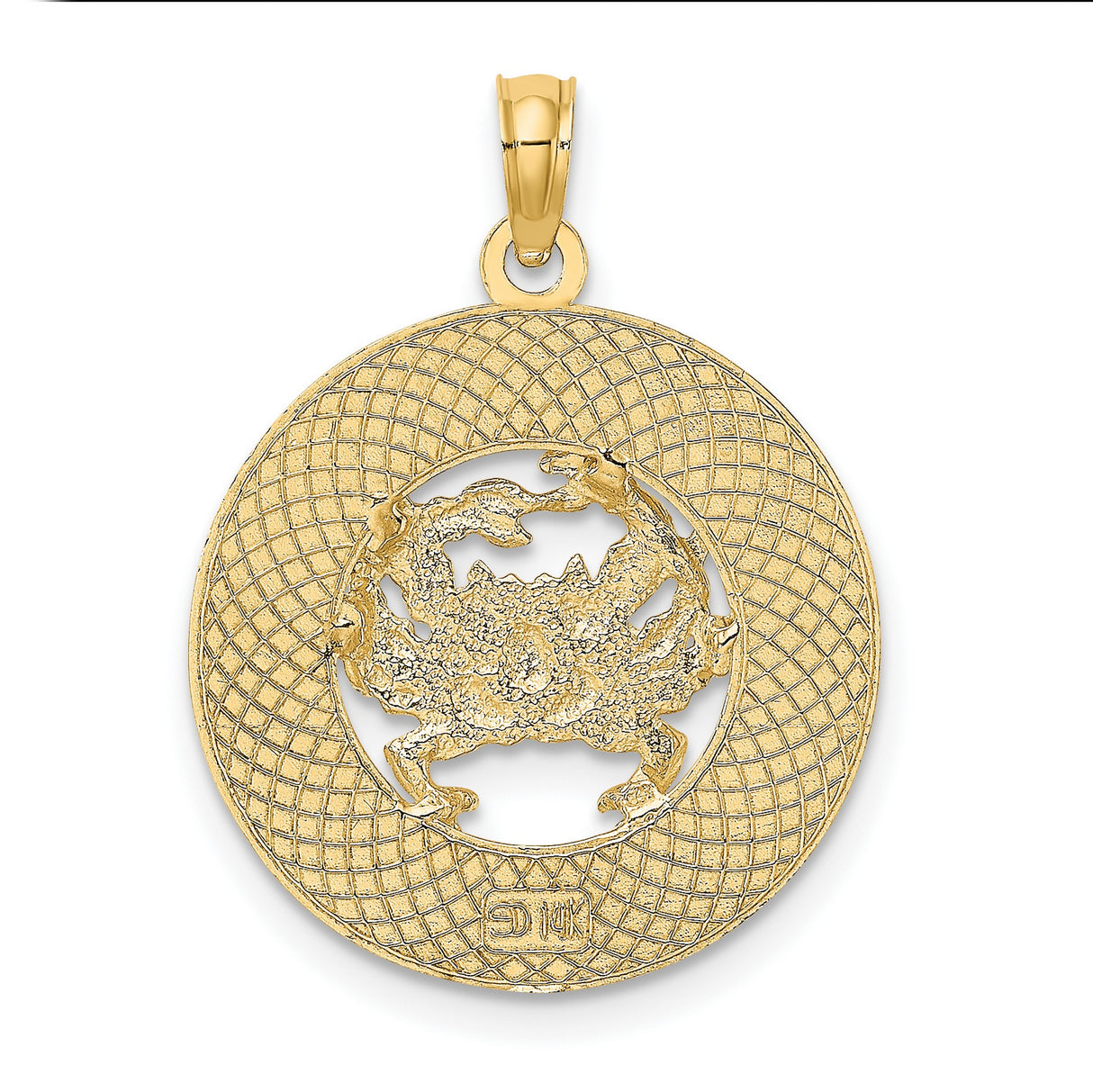 14k Yellow Gold Crab Pendant with Detailed Circular Frame, Nautical Beach Theme Charm