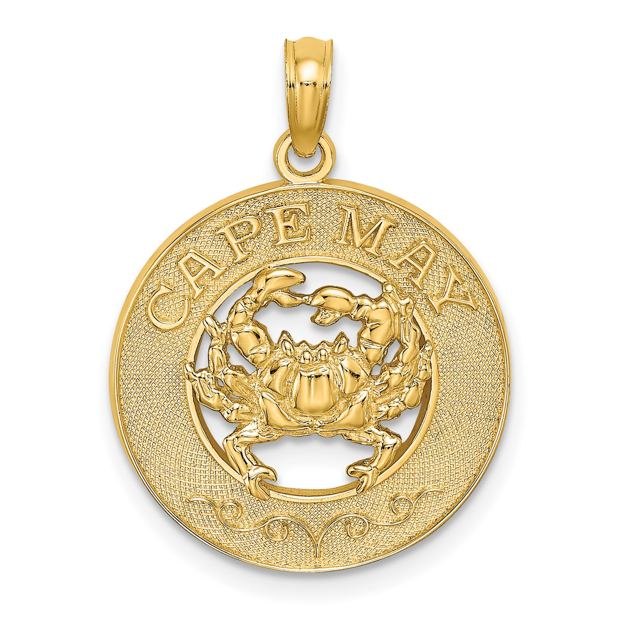 14k Yellow Gold Crab Pendant with Detailed Circular Frame, Nautical Beach Theme Charm