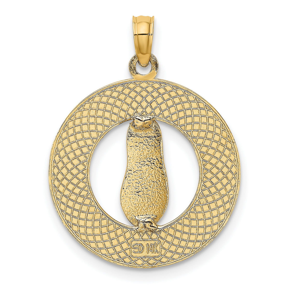 14k Yellow Gold Flip-Flop Pendant, Textured Circle Coastal Charm, Nautical Beach Jewelry