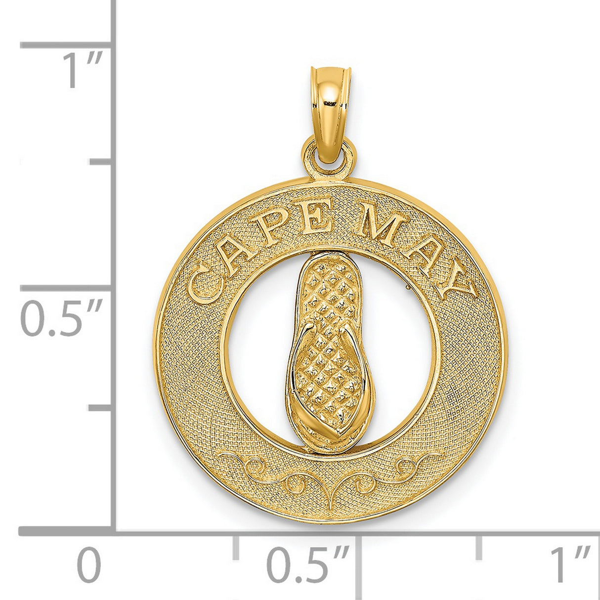 14k Yellow Gold Flip-Flop Pendant, Textured Circle Coastal Charm, Nautical Beach Jewelry