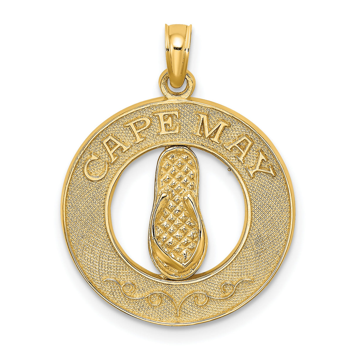 14k Yellow Gold Flip-Flop Pendant, Textured Circle Coastal Charm, Nautical Beach Jewelry