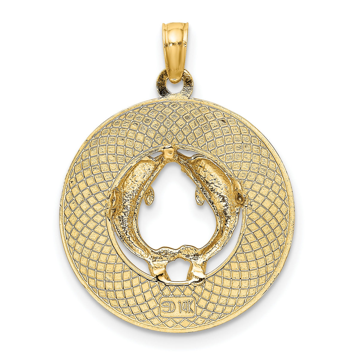 14k Yellow Gold Dolphin Pendant with Two Dolphins Touching Fins, Nautical Ocean Theme Charm