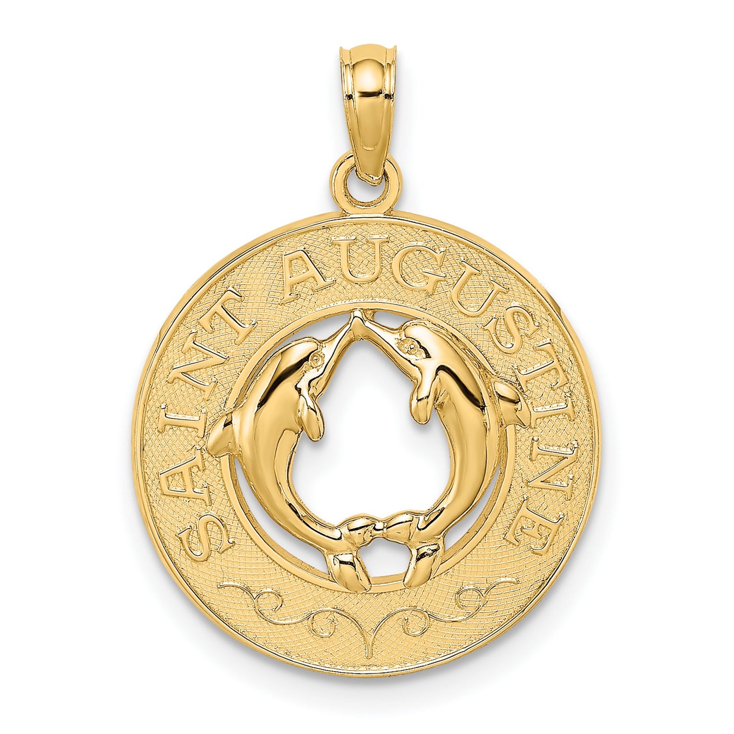 14k Yellow Gold Dolphin Heart Pendant with Saint Augustine Engraving, Nautical Charm