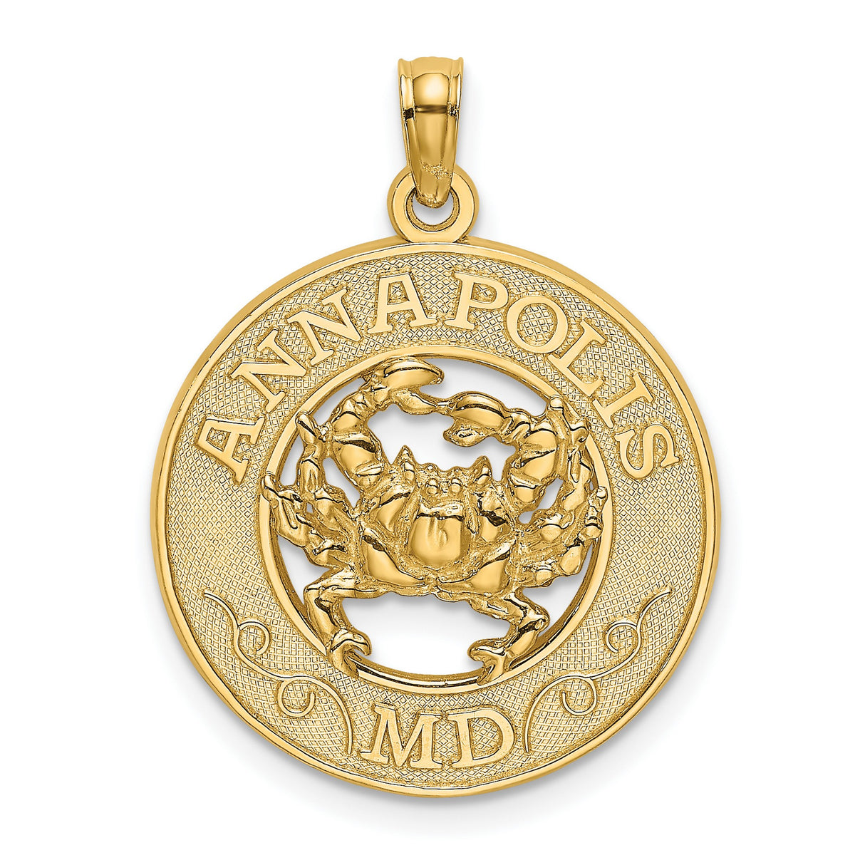 14k Yellow Gold Crab Pendant with Detailed Annapolis Maryland Nautical Design