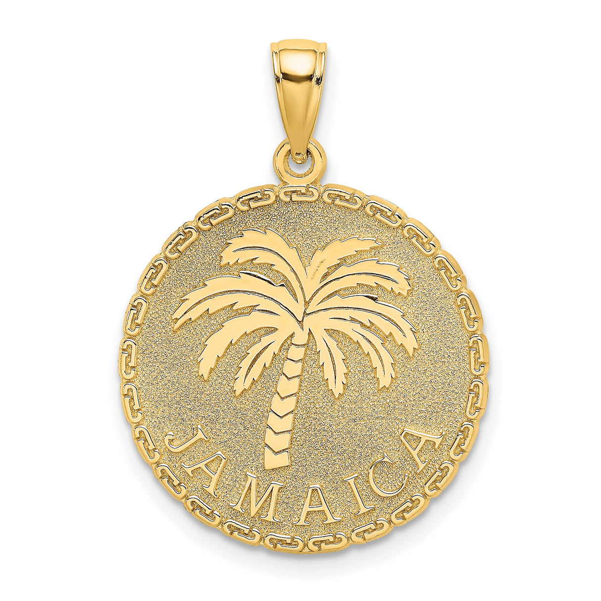 14k Yellow Gold Palm Tree Pendant with Textured Finish and Chain Border
