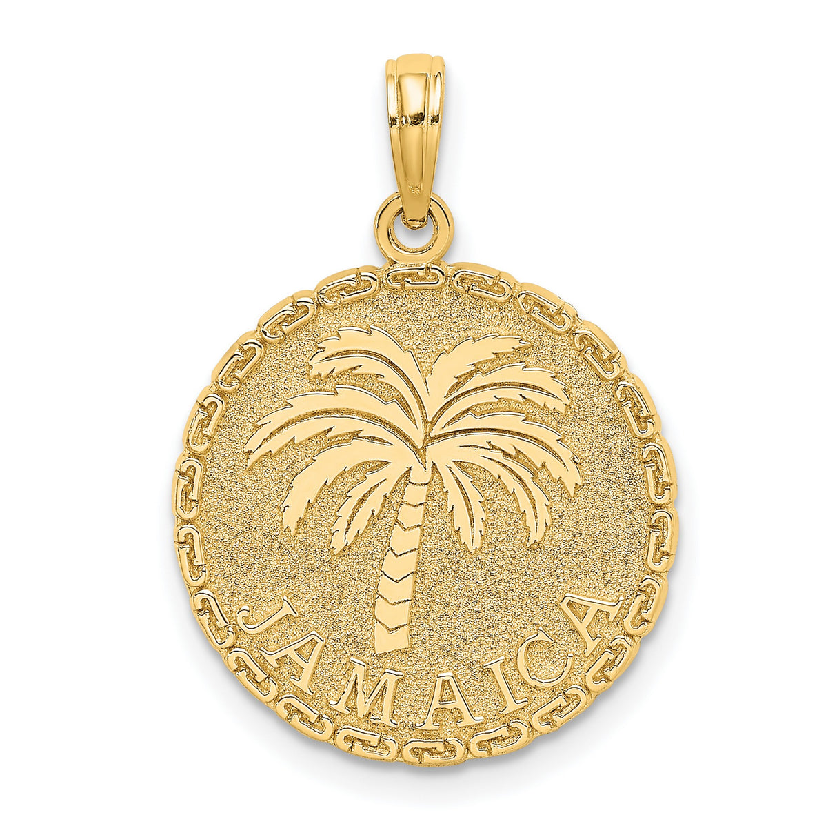 14k Yellow Gold Jamaica Palm Tree Pendant with Textured Background, Island Travel Charm