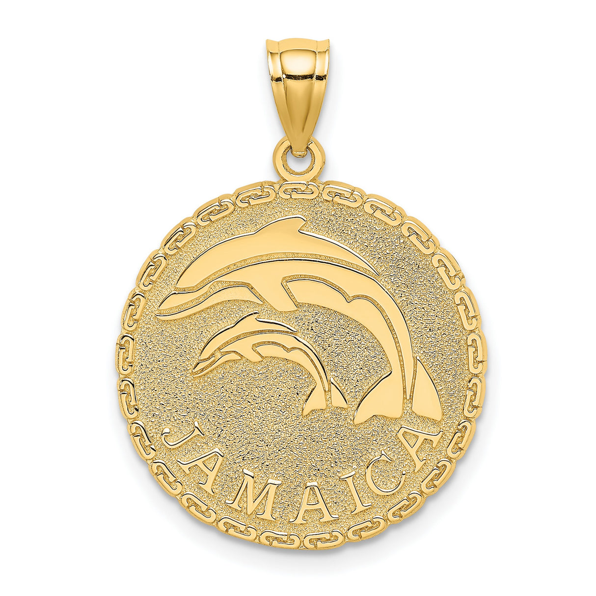 14k Yellow Gold Dolphin Pendant with Jamaica Engraving, Nautical Ocean Life Charm