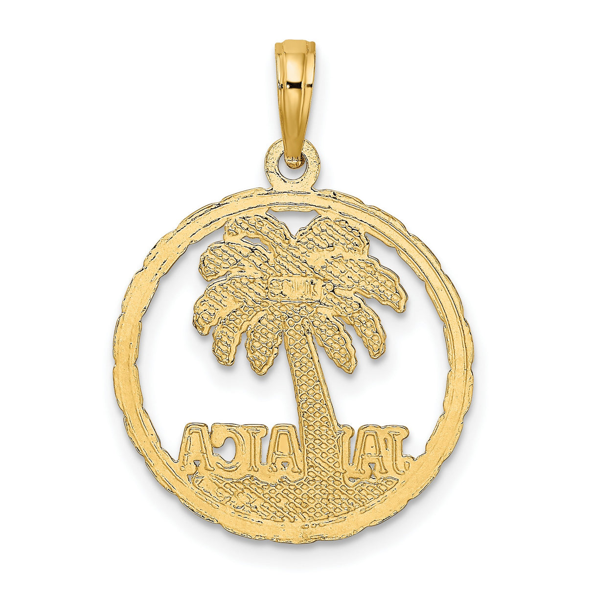 14k Yellow Gold Palm Tree Pendant with Textured Circle Border, Jamaica Travel Charm